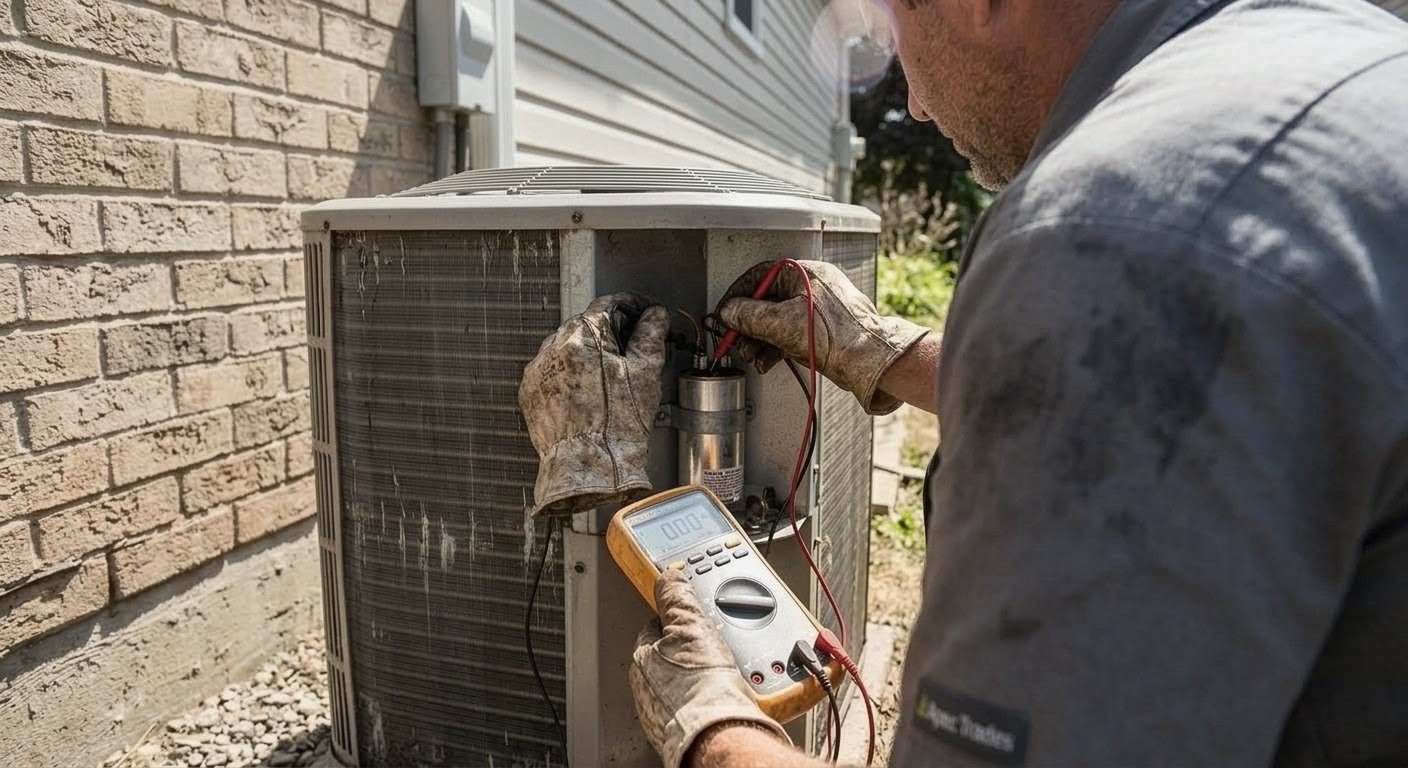 HVAC technician testing outdoor condenser unit with multimeter